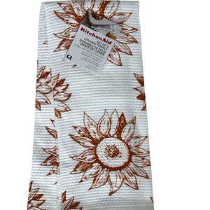 KitchenAid 2 Pc Kitchen Dish Towel Set Fall Red Rust Sunflowers Drawing Design